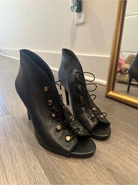Black Lace-Up Peep-Toe High Heel Booties